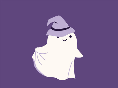 Cute halloween ghost vector illustration. Childish scary boo character for kids. Funny ghost wears witches hat. Magic spirit with emotion, face expression. Halloween flat modern cartoon designのイラスト素材