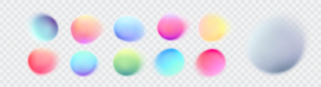 Gradient color round vector background set. Abstract bright blurred fluid shapes with transparent part along the border, organic form. Blur watercolor spots in trendy modern creative styleのイラスト素材