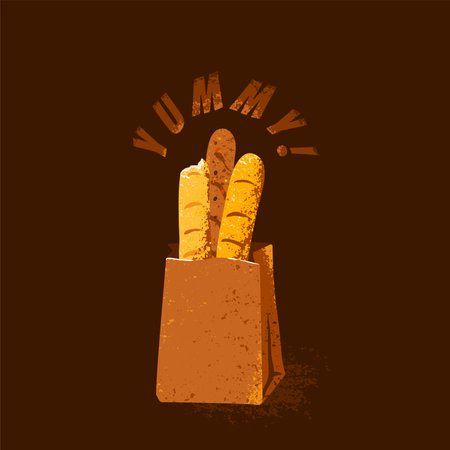 Baguette vector illustration. Bakery bread different types with rye and wheat flour, in paper package. Yummy word sign. One of them is bitten. Isolated on dark backgroundのイラスト素材