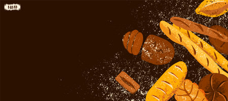 Bread banner background vector illustration with bakery products and fresh pastries. Baguette, loaf, ciabatta graphic design template with textured effect. Copy space, top viewのイラスト素材