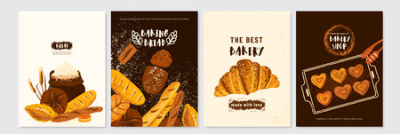 Bread poster background set vector illustration with bakery products and fresh pastries. Baguette,...