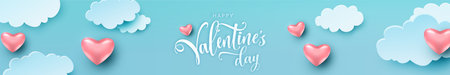 Abstract heart, love horizontal banner vector illustration. Happy Valentines day sale header, voucher template in papercut realistic style. Blue paper clouds, flying pink hearts. Place for textのイラスト素材