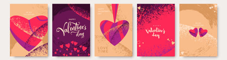 Heart pattern set vector illustration. Valentines Day bright posters with textured hearts, shapes, love quote, greeting text. Texture modern template for greeting post story, cover backgroundsのイラスト素材