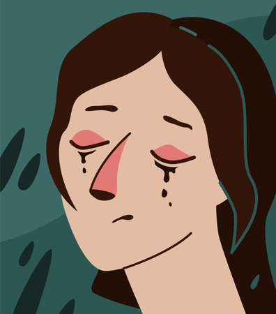 Sorrow vector illustration. Depressed woman crying while rain in background over blue background. Girl with closed red eyes and nose, tears from the eyes flow down the faceのイラスト素材