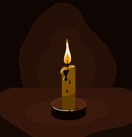 Burning candle in the dark against the wall, standing on the table. Flame of a candle burning in the dark. Vector illustration. Sorrow, tragedy concept backgroundのイラスト素材