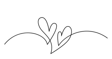 Two hearts in simple one line style. Love background in continuous line drawing. Black and white linear minimal vector illustration. Valentines day banner, wedding cardのイラスト素材