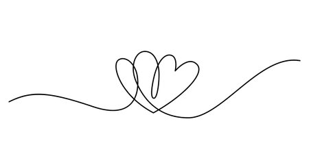 Two hearts in simple one line style. Love background in continuous line drawing. Black and white linear minimal vector illustration. Valentines day banner, wedding cardのイラスト素材