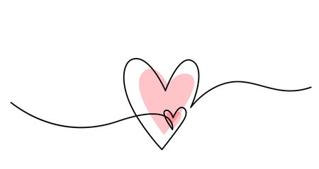 Two hearts in simple one line style and color shape love signs. Love background in continuous line drawing. Black and white linear minimal vector illustration. Valentines day banner, wedding cardのイラスト素材
