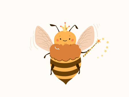 Cute Queen bee character vector illustration, Flying princess bumblebee wearing crown, holding magic wand, star trace. Honeybee baby flat cartoon design for child backgroundのイラスト素材