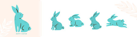 Easter bunny vector illustration. Cute rabbits in different poses, blue color, simple modern flat styleのイラスト素材