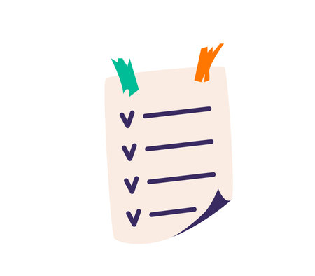 Paper note with adhesive torn tapes, curl corner and checklist vector illustration. Memo list isolated on white backgroundのイラスト素材