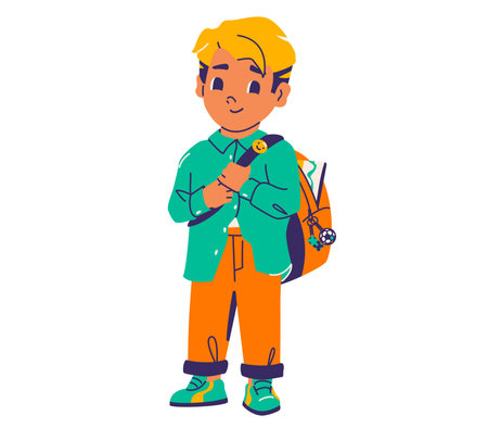 Cute little boy ready to go to school vector illustration. Male pupil with backpack isolated on white backgroundのイラスト素材