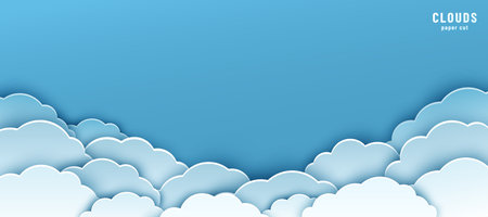 Cloud with blue sky in paper cut style vector illustration. Beautiful fluffy clouds on blue background. Copy spaceのイラスト素材