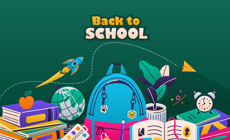 Back to school vector illustration. School tools, accessory supplies. Greeting text sign, stationery design, pen pencil, book, paper plane, backpack on green background. Copy spaceのイラスト素材