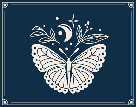 Mystic butterfly vector illustration. Magic moth with celestial moon, sun and floral elements, frame. Esoteric retro butterfly isolated on dark night backgroundのイラスト素材