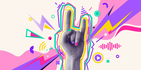 Music collage banner vector illustration. Halftone effect hand with gesture rock, color sound sign elements. Two fingers up, cool retro techno poster. Visual audio abstract concept on light backgroundのイラスト素材