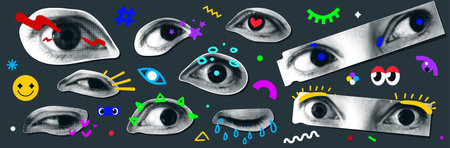 Art eyes sticker vector illustration. Retro halftone texture eye collage with cartoon elements. Different emotion happy, tear, fear, love, surprise. Contemporary trendy template designのイラスト素材