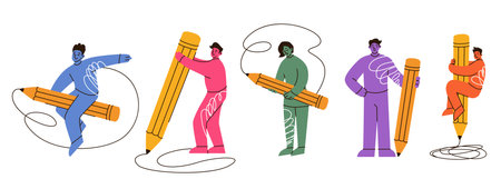 People with a huge pencil vector illustration. Young diverse characters holding pencil, writing, drawing doodles, standing near, flying on it. Creative flat education concept isolated on whiteのイラスト素材