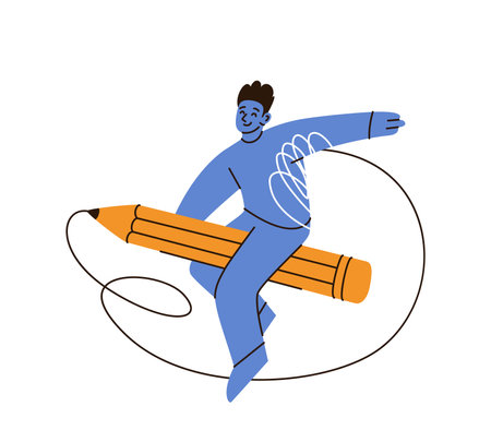 Young man fly on yellow pencil vector illustration. Flat education concept design. Cute blue modern character isolated on white backgroundのイラスト素材