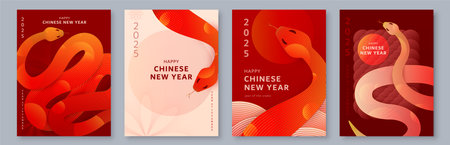 Chinese New Year 2025 vector background. Asian new year of the snake celebration cards in red, gold color, line gradient elements. Creative lunar snake celebration templatesのイラスト素材