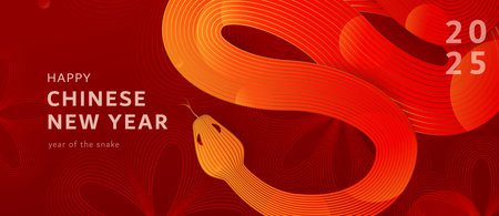Chinese New Year 2025 vector background. Asian new year of the snake celebration banner in red, gold color, line gradient elements. Creative lunar snake celebration templateのイラスト素材