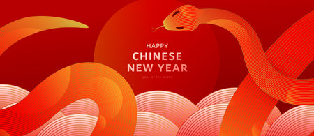Chinese New Year 2025 vector background. Asian new year of the snake celebration banner in red, gold color, line gradient elements. Creative lunar snake celebration templateのイラスト素材