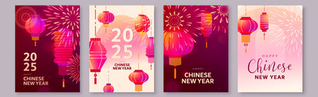 Chinese New Year 2025 set vector illustration. Chinese lanterns and bright fireworks. Modern luxury oriental traditional background for cover, greeting card, celebration banner, posterのイラスト素材