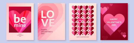 Heart background for Valentines day, vector set. Love pattern with overlay gradient hearts. Geometric romance minimal banner. Modern abstract valentine art in pink, light red colorのイラスト素材