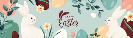 Happy Easter vector banner background. Greeting card with easter eggs, bunny, spring flowers daffodil, leaves in modern cartoon style. Lettering text sign with bunny ears. Cute creative conceptのイラスト素材