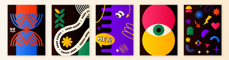 Pattern background set with minimal geometric shapes, vector illustration. Graphic design gradient elements with retro line, simple form, figure, arch. Trendy flat posters template for music, party.のイラスト素材