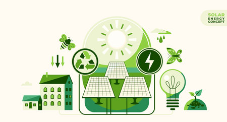 Solar energy, sustain environment vector illustration. Ecology icons, recycle energy technology concept for eco friendly background. Save planet design in flat modern style, geometric shapeのイラスト素材