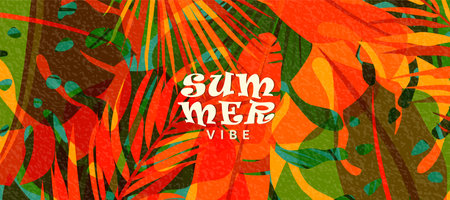 Summer tropic pattern background. Tropical jungle leaves banner design with retro modern texture. Exotic nature concept in creative style. Palm tree, monstera, banana vector illustrationのイラスト素材