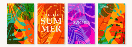 Summer tropic pattern set background. Tropical jungle leaves poster design with retro modern texture. Exotic abstract nature card in creative style. Palm tree, monstera, banana vector illustrationのイラスト素材