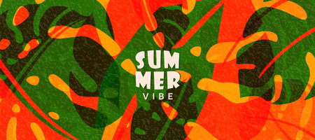 Summer tropic pattern background. Tropical jungle leaves banner design with retro modern texture. Exotic nature concept in creative style. Orange and green monstera leaves vector illustrationのイラスト素材