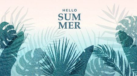 Summer tropic vector background. Palm leaves, monstera, banana border pattern. Tropical abstract modern illustration with dots retro texture. Jungle tender daybreak.のイラスト素材