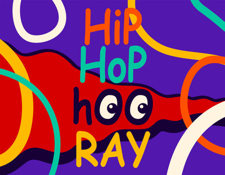 Happy birthday vector illustration. Birth greeting card, celebrate poster, banner with birthday quote text hooray, confetti and serpentine in colorful minimalist linesのイラスト素材