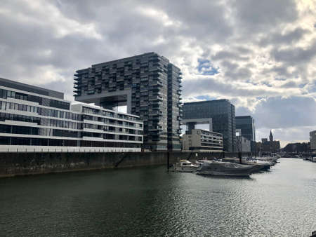 Cologne, Germany - March 8, 2019: The Kranhaus Centre is an award-winning building in postmodern Cologneのeditorial素材