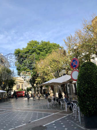 Jerez de la Frontera, Spain - December 26, 2019: Typical Andalucian Street in Jerez