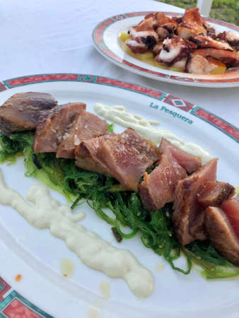 Tuna tataki and pulpo a la gallega in La Pesquera de Banus, traditional seafood restaurantのeditorial素材
