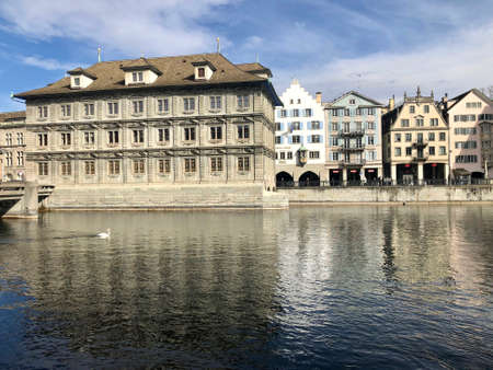 Zurich, Switzerland - March 3, 2019: Zurich Old Town Hall, Rathaus, in River Limmatのeditorial素材
