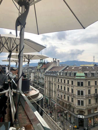 Zurich, Switzerland - March 2, 2019: View of Zurich from the OOO rooftop in Modissa building