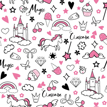 Seamless pattern with unicorns, rainbow, ice cream, diamonds and stars. Pattern illustration.の写真素材