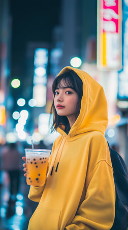 Asian girl wearing a yellow hoodie walking along the street at night. In her hand is a glass of bubble tea.の素材