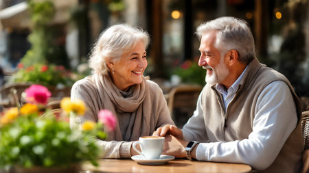 A high-quality, authentic photo of a senior European couple sitting in a charming cafÃ©, sharing coffee and affection. The image radiates warmth, care, and companionship, symbolizing love in later years, well-being, and lifestyle. Ideal for healthcare, retirement, relationship, and family campaigns.の素材