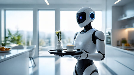 Realistic futuristic photo of a humanoid service robot bringing coffee in a modern kitchen, symbolizing robotics and automation.の素材