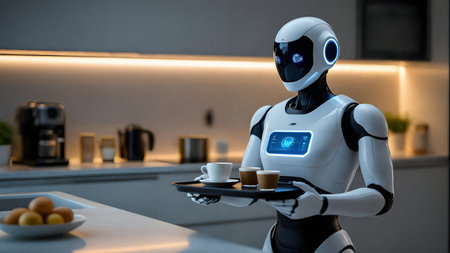 Ultra-realistic photo of a humanoid robot serving coffee in a futuristic smart home kitchen, symbolizing robotics and automation.の素材