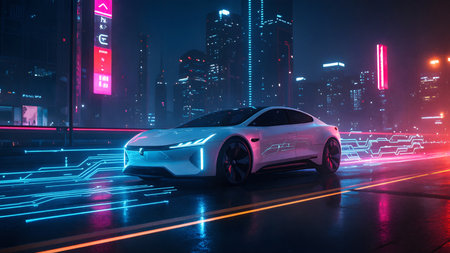 Ultra-realistic photo of a futuristic electric autonomous car driving in a neon-lit smart city, symbolizing future transport.の素材