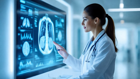 Ultra-realistic healthcare photo of a doctor working with AI holographic medical technology, symbolizing innovation in medicine.の素材