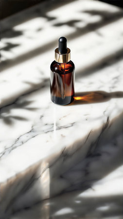 Elegant amber glass dropper bottle standing on a white marble surface, illuminated by soft natural sunlight with delicate leaf shadows. Perfect for promoting skincare serums, face oils, organic cosmetics, aromatherapy blends, spa treatments, and eco-friendly beauty products. Minimalist and luxurious aesthetic for advertising, branding, and product mockups.の素材