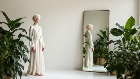 A striking conceptual fashion portrait of a young woman with albinism in a minimalist studio setting. She wears soft, monochrome fabrics such as silk and linen, highlighting purity and grace. Surrounded by lush green houseplants, the natural contrast enhances her fair skin and light hair. A full-length mirror beside her perfectly reflects her composed pose and thoughtful gaze. The soft natural light and muted color palette create an airy, emotional atmosphere, perfectly suited for high-end editorial fashion.の素材